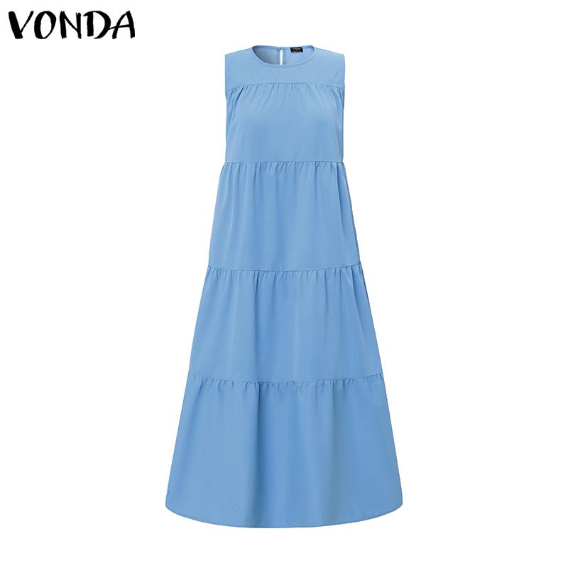 VONDA Women Round Neck Sleeveless Ruffled Casual Swing Pleated Dress