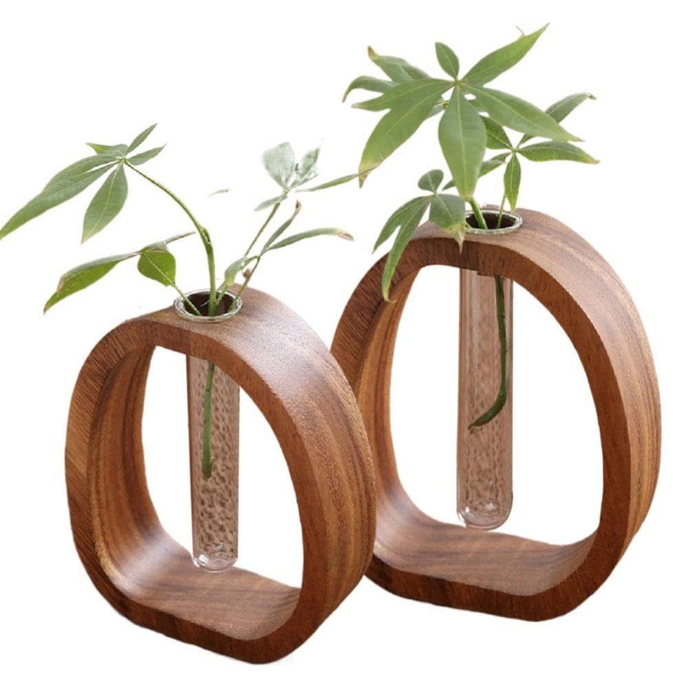 Vase Ornaments Solid Wood Flower Vase Test Tube Shape Glass Vase  for Home Desktop Decoration
