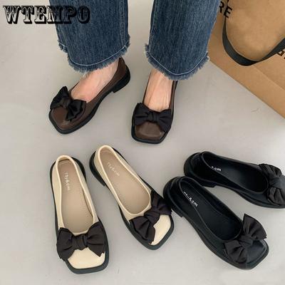 Große Damen-Einzelschuhe im Frühling und Herbst, Retro-Stil, britischer Stil, quadratische Zehenpartie, Schleife, einfarbig, niedriger quadratischer Absatz, weiche Sohle, weiche Lederschuhe
