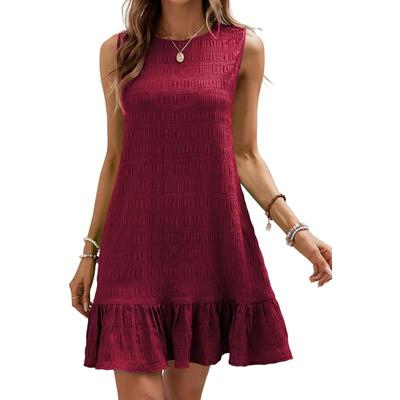 Women's Fashion Summer Spring Solid Color Print Sleeveless O-Neck Loose Waistline Casual Dresses