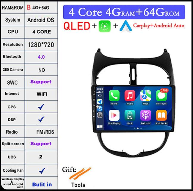 9'' For Peugeot 206 2001 - 2016 Screen/QLED Android 14 Car Radio Multimedia Video Player Navigation GPS 4GLTE 5G WIFI