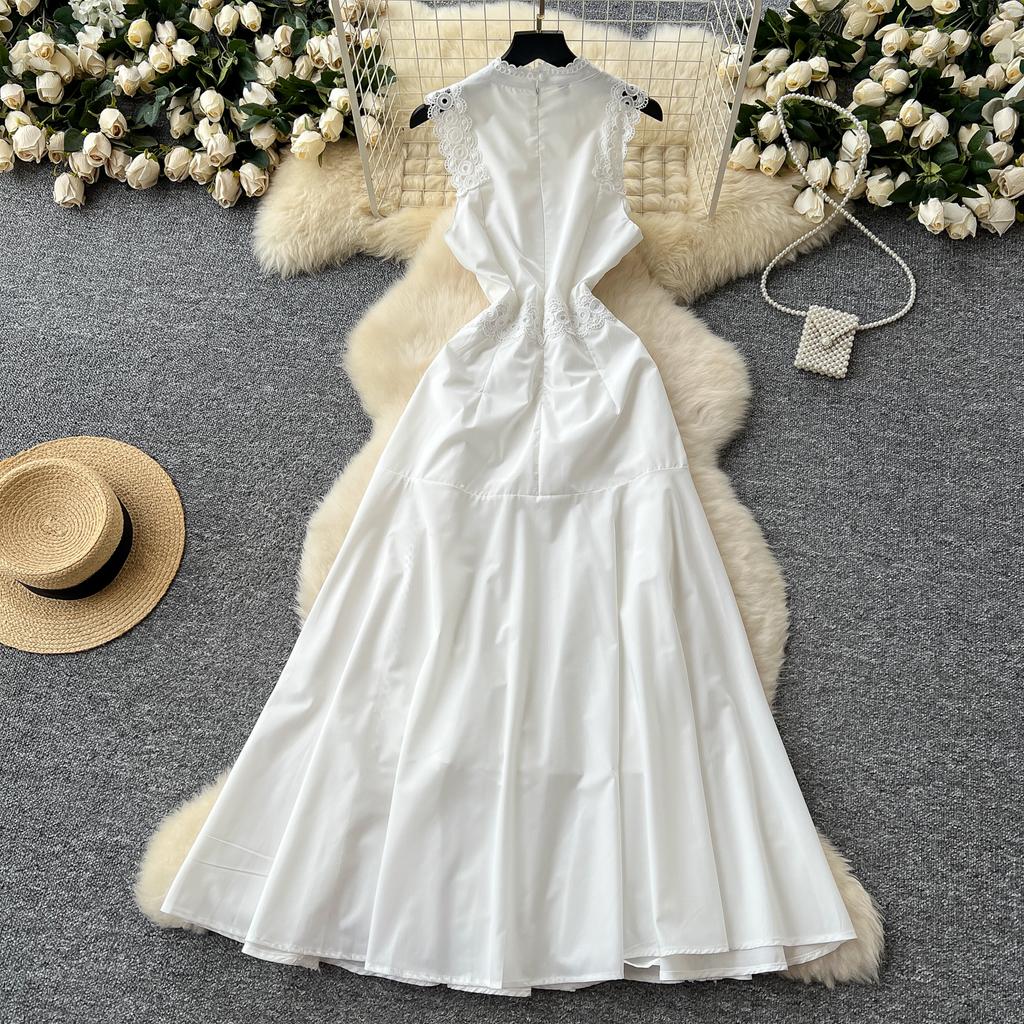 Summer Women Elegant Sleeveless Hollow Out Embroidery Lace Patchwork Long Maxi Slim Party Dresses