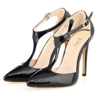 Women Pumps Fashion Pointed Toe T-Strap Sandals Buckle Ankle Strap Patent Leather OL Casual High Heel Office Red Wedding Shoes