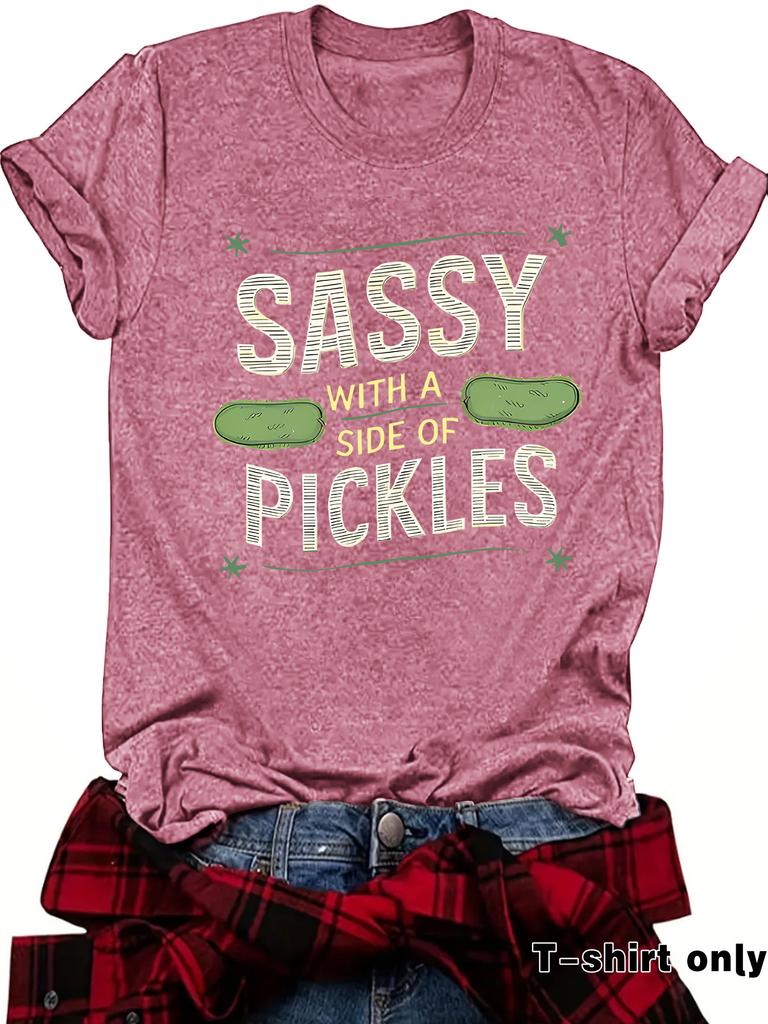 Women's Summer Round Neck Short Sleeve T-shirt Playful Cucumber Pattern Print Comfort T-shirt