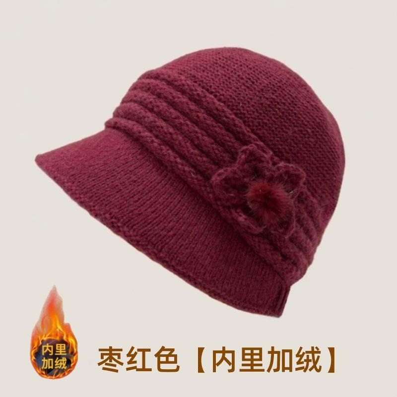 Middle-aged and Elderly Hats, Women's Winter Warm Mother Wool Hats, Fashionable Versatile Ear Protectors, Basin Hats, Fleece and Cold-proof Knitted Ha