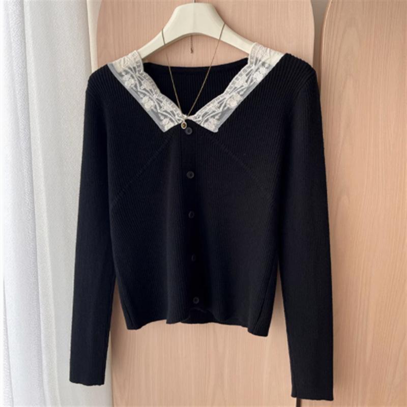 

Вязаный свитер в стиле ретро с кружевом для женщин, нежный и милый осенью и зимой, многослойный, топ-основа One Size чёрный