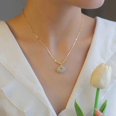 S925 Sterling Silver Necklace Vintage Hetian Jade Safe Lock Necklace Ruyi Xiangyun Clavicle Chain