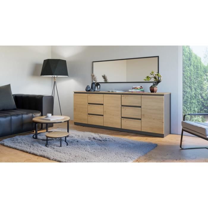 COSTI - Buffet long 3 portes + 6 tiroirs - 200x40x75 cm - Meuble de rangemnt salon salle à manger