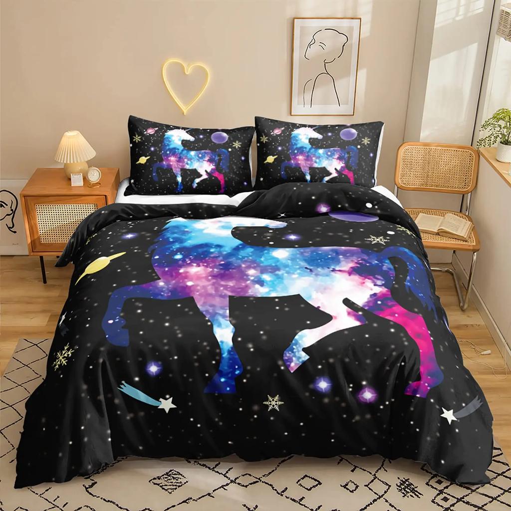Unicorn Duvet Cover Set Starry Sky Unicorn Bedding Set Full Queen SizeDreamy Unicorn Theme Girly Comforter Cover Set For Girls