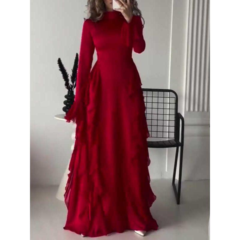 And American Foreign Trade Women's Clothing Cross-Border Amazon Autumn Crew Neck Bell Sleeve Temperament High Waist Slimming Patchwork Dress Women