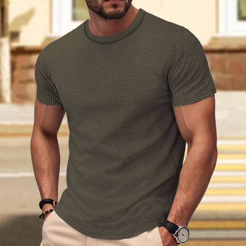 Mens Solid White Waffle Knit T Shirt Casual Crew Neck Short Sleeve Slim Fit Top