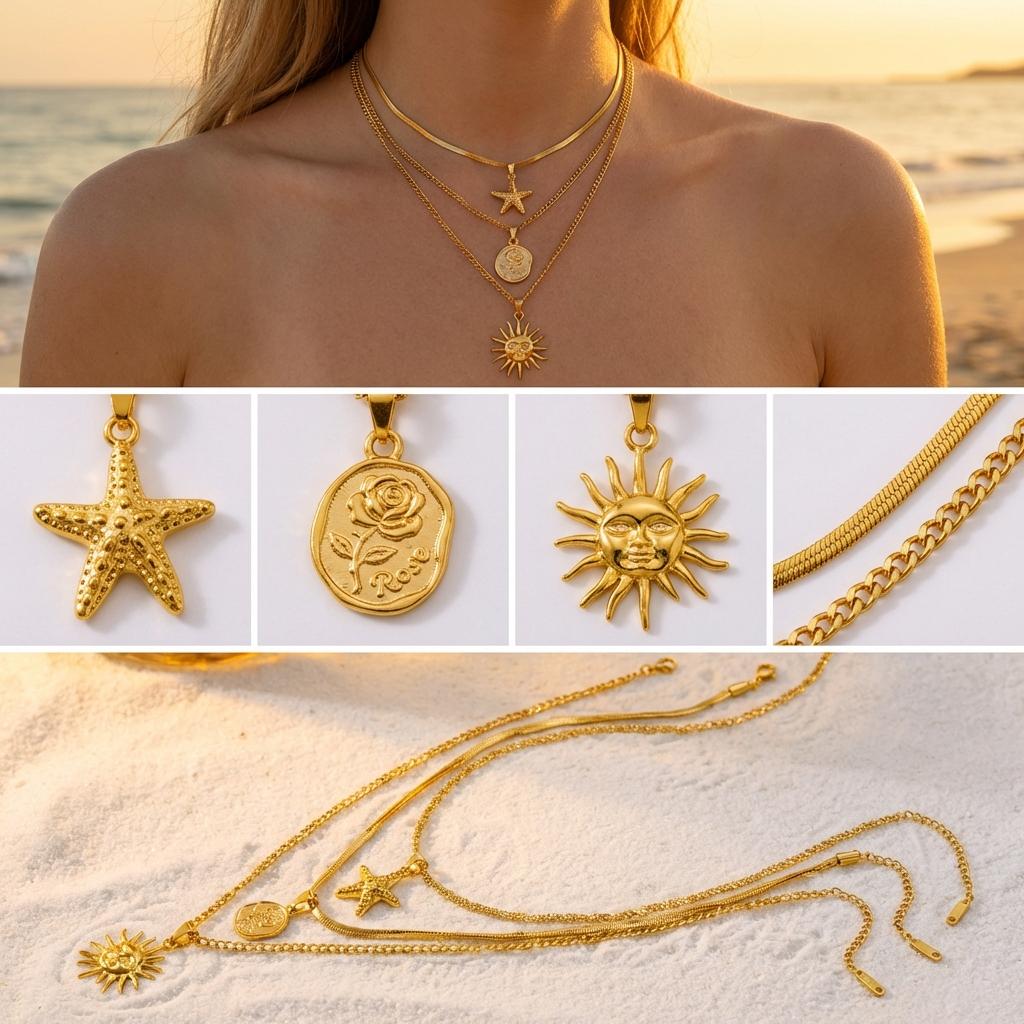 Stainless Steel Sun Starfish Pendant Necklaces Set for Women 3pcs Bohemia Multi-layers Rose Necklaces Waterproof Jewelry Gifts