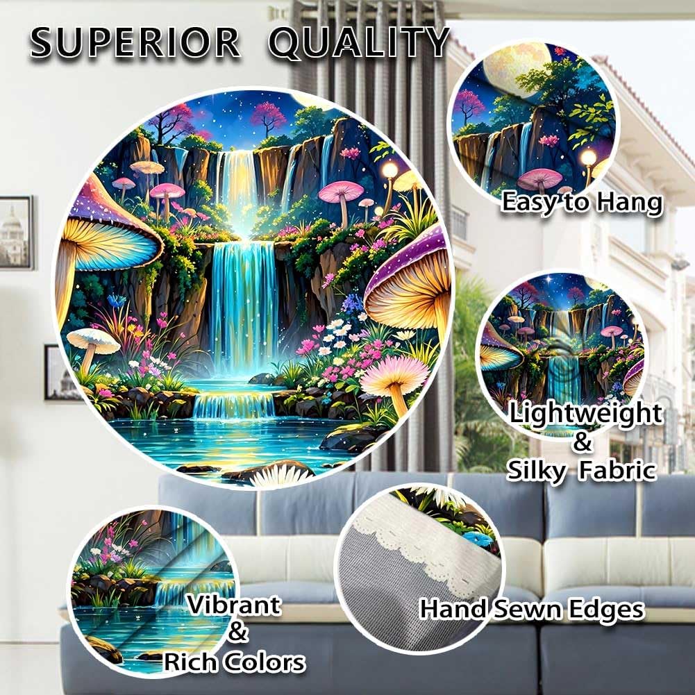 Ine Ive Blacklight Fantasy Mushroom Forest Tapestry Aesthetic UV Reactive Waterfall Tapestries 60x51Inch Moon Night Wildflower Plant Landscape Black