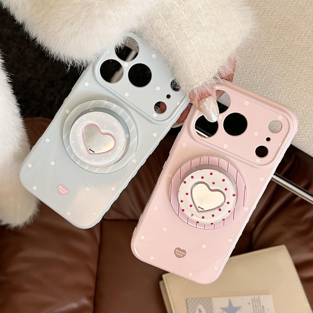 Cream polka dot Apple 17 Promax phone case iPhone 16 heart-shaped mirror magnetic suction support