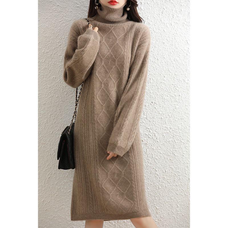 Women's Mid-Length Wool Cashmere Sweater Dress - Bat Sleeve, High Neck, Loose Fit, Autumn/Winter Style