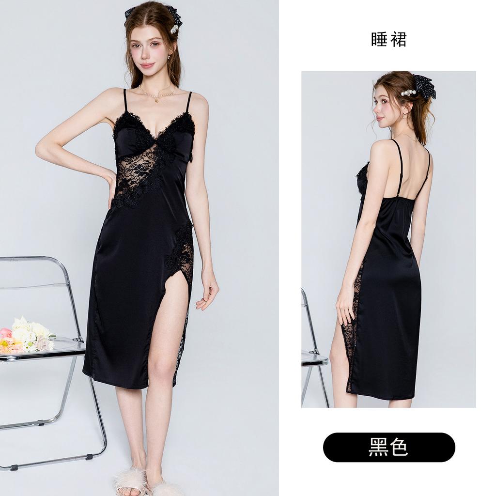 Women's Sheer Lace Deep V Padded Side Slit Cami Sleep Dress with Robe Set