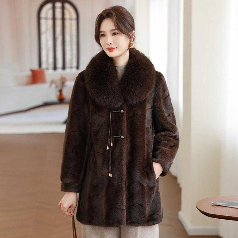 Women's mink velvet leather jacket Women's winter warm fur integrated medium and long with fur collar thin jacket