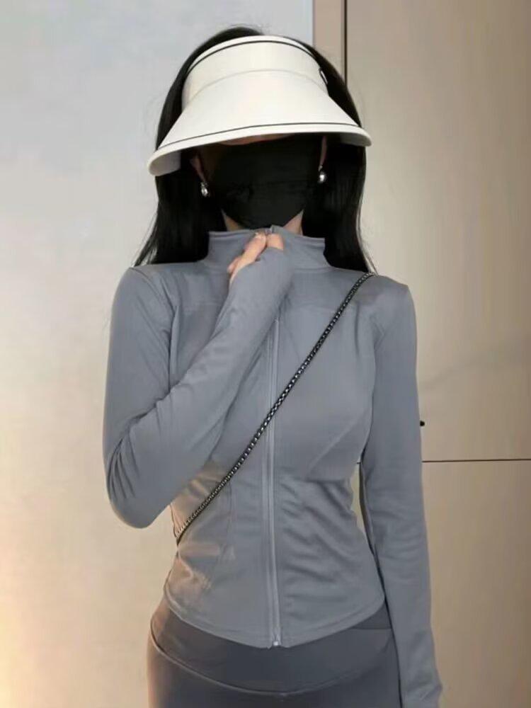 Women's Slim Fit Long Sleeve Sun Protection Running Jacket - White Stand Collar Fitness Outerwear