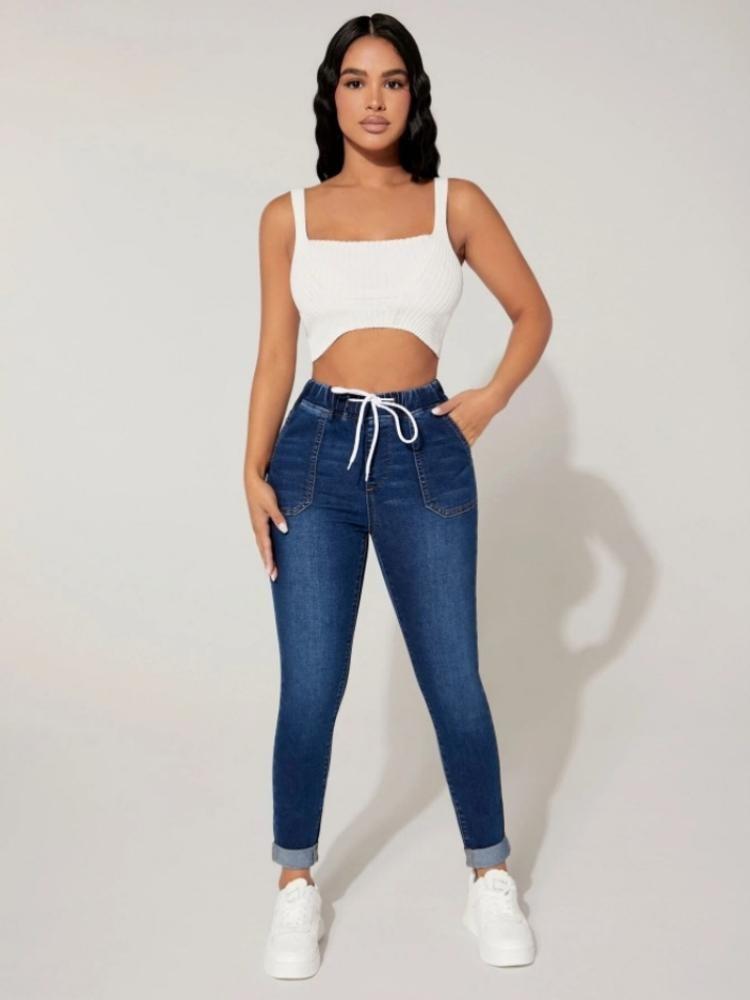 Women Skinny Jeans Stretch High Elastic Waist Drawstring Denim Pencil Pants Ankle Length Fashion Autumn Winter