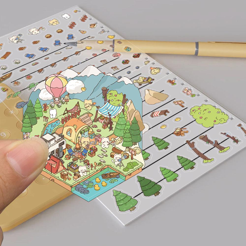2PCS Meow Meow Camping Notes Sticker Nostalgia PET Cafe Landscape Student Art Picture Cafe Room Decor Community Dormitory