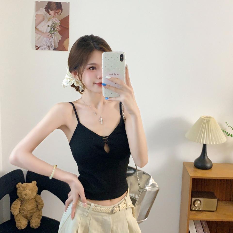 #Summer new pure desire wind hollow cross splicing sling vest female slim fixed with chest pad top