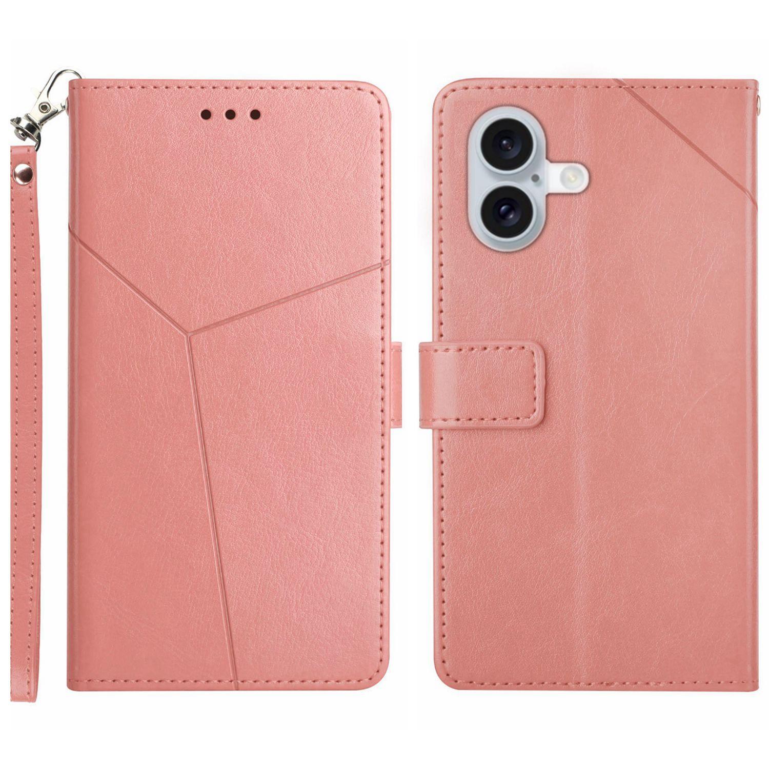 

For iPhone 17 Case with Wrist Strap Y Shaped Lines Imprint Leather Phone Cover Pink