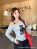 Grey slanted collar diagonal shoulder off-the-shoulder puppy print long-sleeved T-shirt women's early autumn wear bottomed shirt pleated top