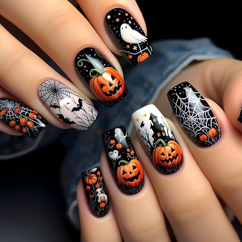 Press on Nails Halloween Square French Tip Fake Nails Mummy and Cobweb Designs Stick on Nail Nude Color Acrylic Nail Halloween Glue on Nails Full