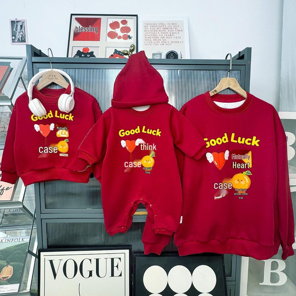 New Year Parent-Child Red Sweatshirt: Stylish Autumn/Winter Fashion for Mother-Daughter & Mother-Son