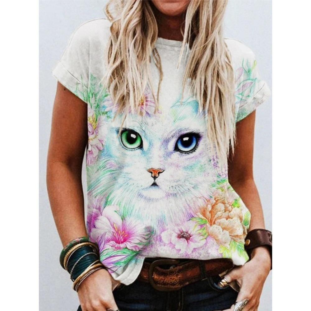 Rabbit and Cat 3D Digital Printed Women's Fashion Casual Round Neck Short Sleeved T-shirt
