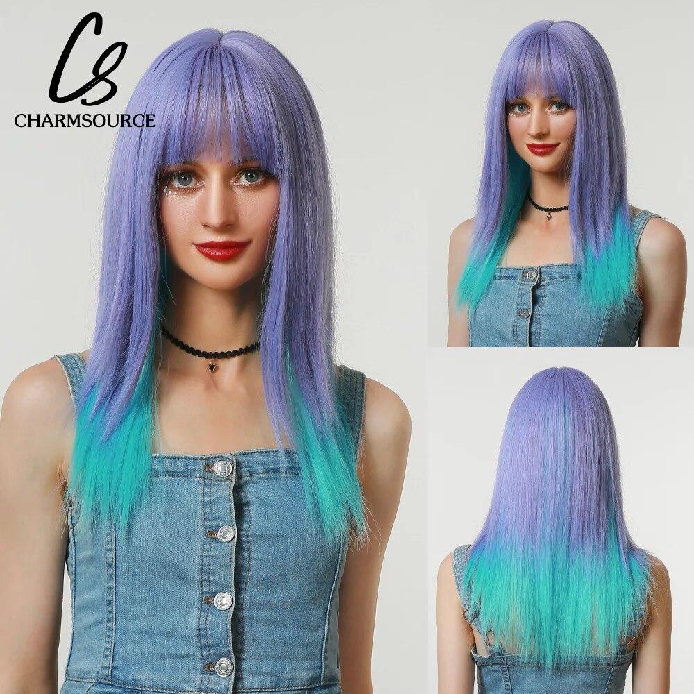 Short Straight Bob Synthetic Wigs with Bangs for Women Brown To Blonde Wig Cosplay Party Daily Heat Resistant Fiber Hair