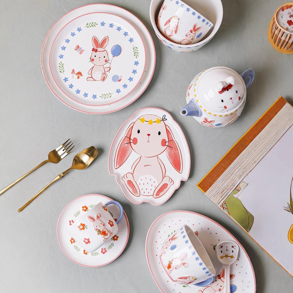Cartoon Rabbit Relief Ceramic Tableware,Fish Plate Rice Bowl Kitchen Cutlery Set Gift,High Appearance Easter Coffee Cup Dish Set