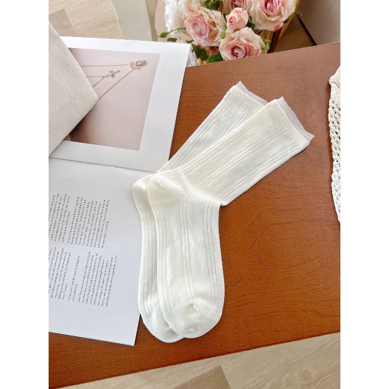Ladies Summer Breathable Comfortable Dark Mesh Ballet Style Boneless White Medium Tube Stack Socks