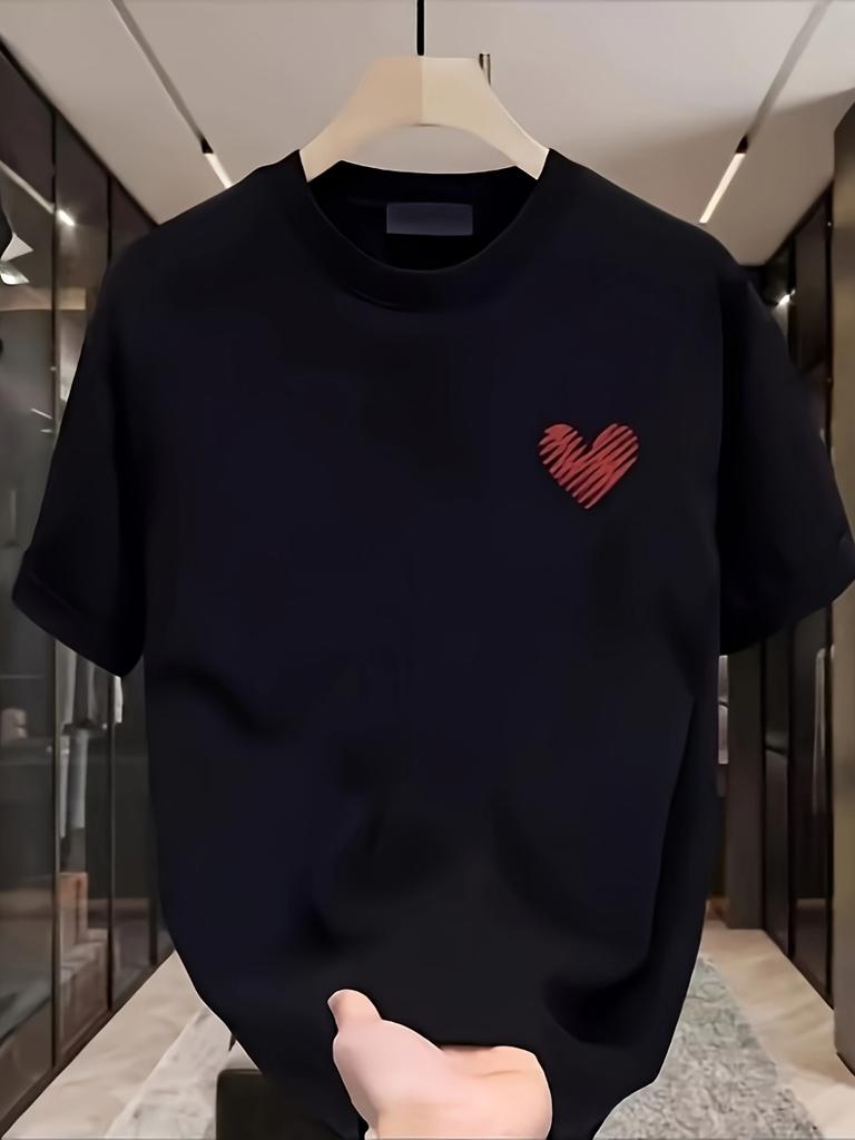Men's Casual Loose-fit Stylish Red Heart Pattern Breathable Sports Short-sleeve Crew Neck