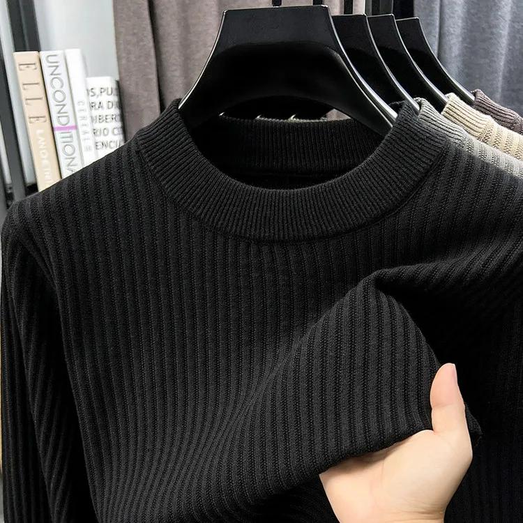 

Осень 2025 Мужской повседневный базовый вязаный топ Мужской однотонный текстурированный с длинным рукавом Винтажный свитер Мужской модный пуловер L чёрный