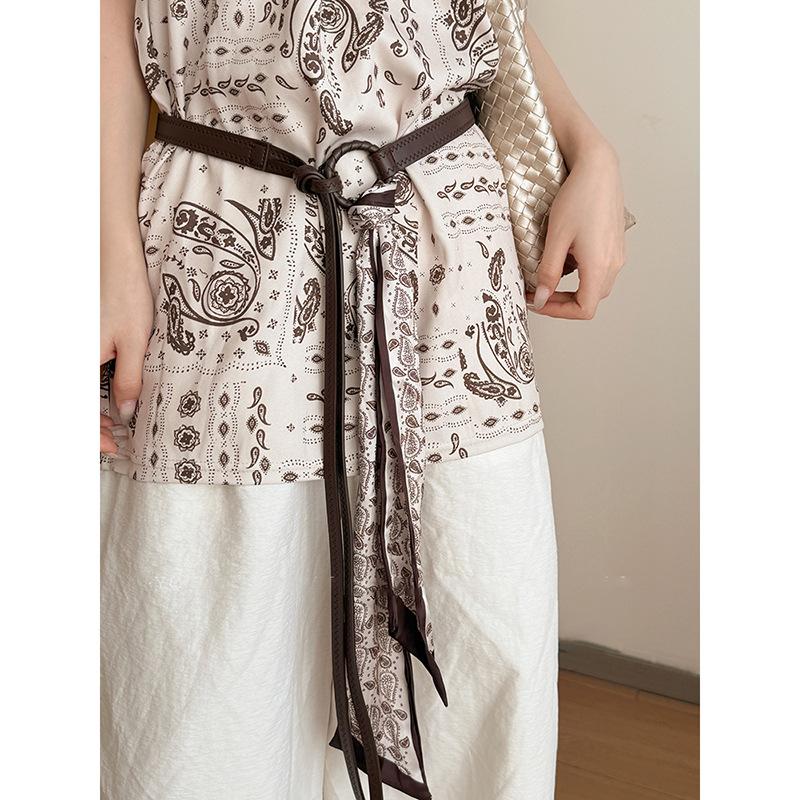 Retro Ethnic Style Printed Silk Scarf Leather Waist Chain Bohemian Personality Belt Clothing Accessories