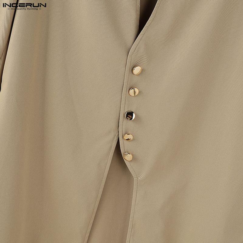 INCERUN Men Turn-down Collar Long Sleeve Button High Splits Long Cardigan Tunic Tops