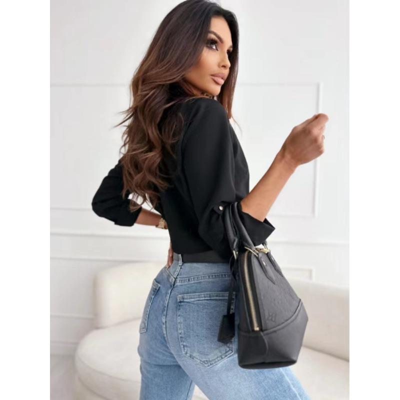 Spring/Summer Women's Long Sleeved Fashion Solid Color Shirt Flip Collar Button Casual Elegant Commuter Shirt