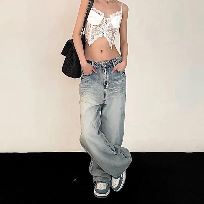 Y2K-pantalones vaqueros holgados Retro para mujer, ropa de calle Vintage, pantalones vaqueros de gran tamaño, pantalones de pierna ancha rectos Hippie ajustados, estilo coreano