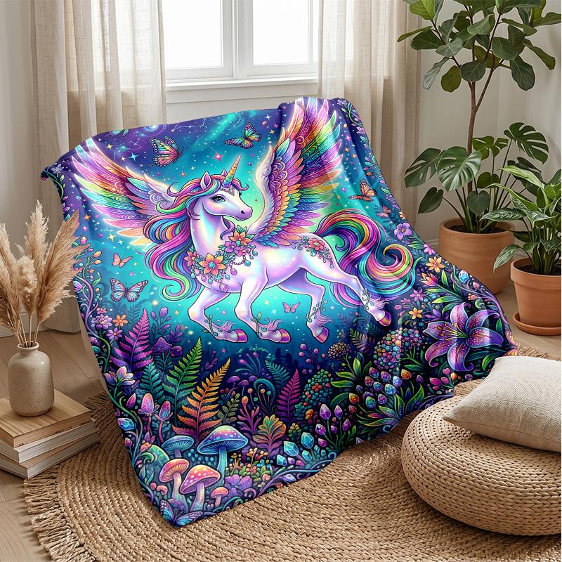 Rainbow Winged Unicorn Theme blanket Lightweight Warm Flannel Blanket Decorative Throw Blanket for Home Decoration