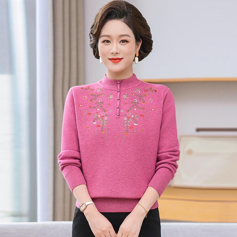 Mother's Autumn/Winter Embroidered Mock Neck Fleece-Lined Knit Sweater