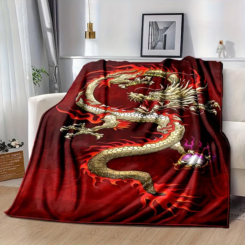 Cozy Golden Dragon Flannel Throw Blanket - Lightweight, Reversible for All Seasons - Perfect for Couch, Bed, Travel & Camping
