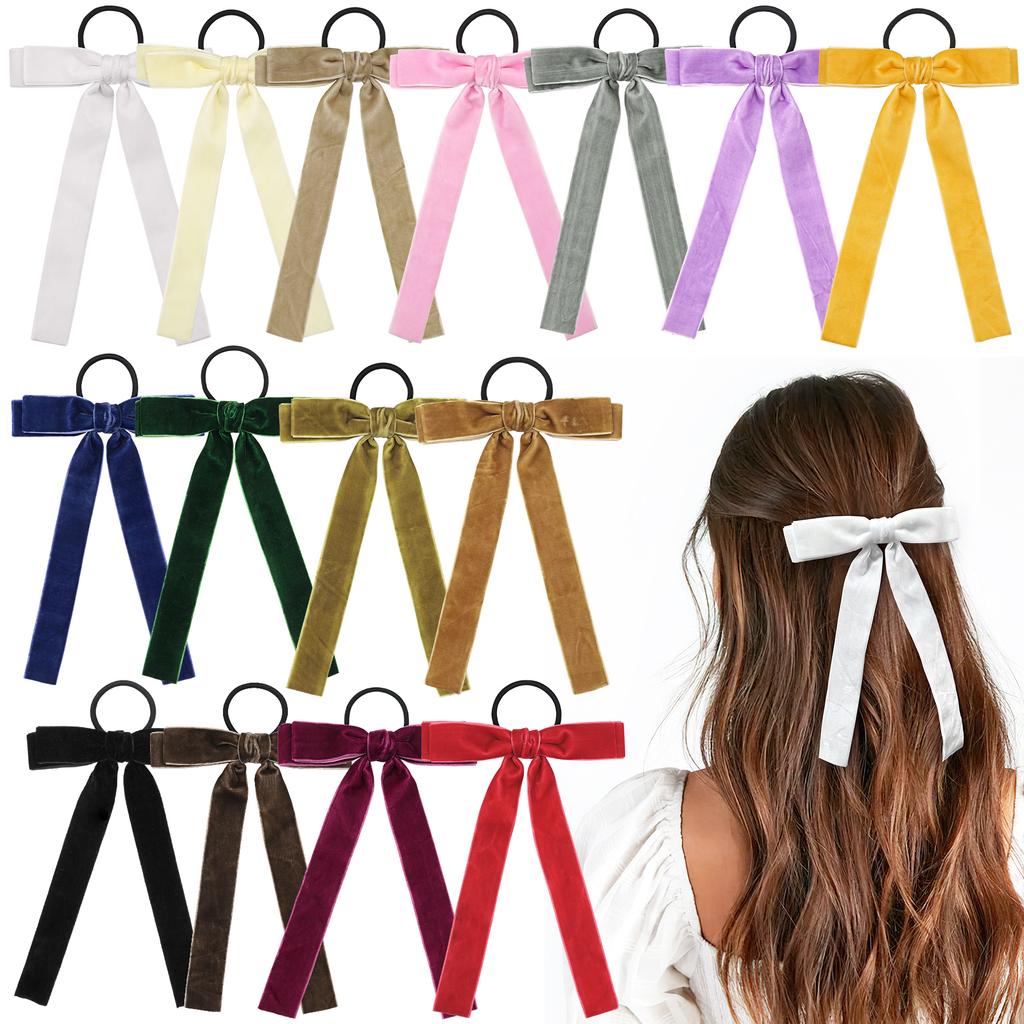 5Pcs Velvet Cheer Bow Large Big Bow Hair Ring Knotted Cheer Bow Women Ponytail Hair Ties Solid Color Rubber Band Hair Accessorie