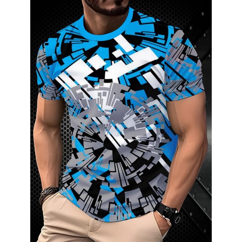 Tech style men s street fashion short-sleeved blue and gray geometric vortex 3D digital printing breathable trendy T-shirt S