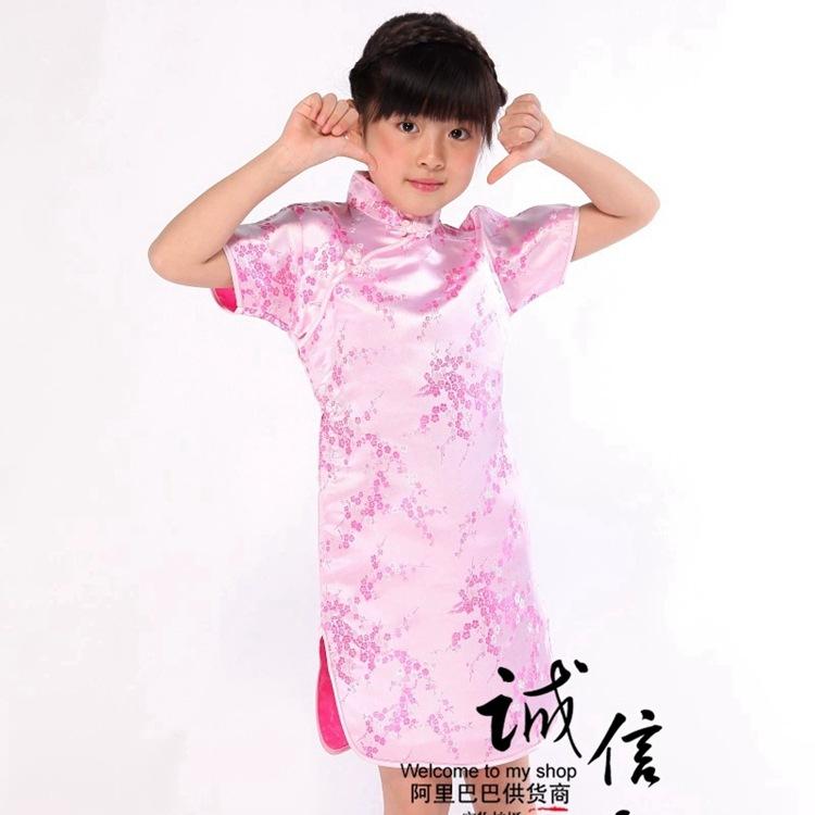 Chinese Style Girls Cheongsam Dress Brocade Summer Retro Button Stand Collar Stage Performance