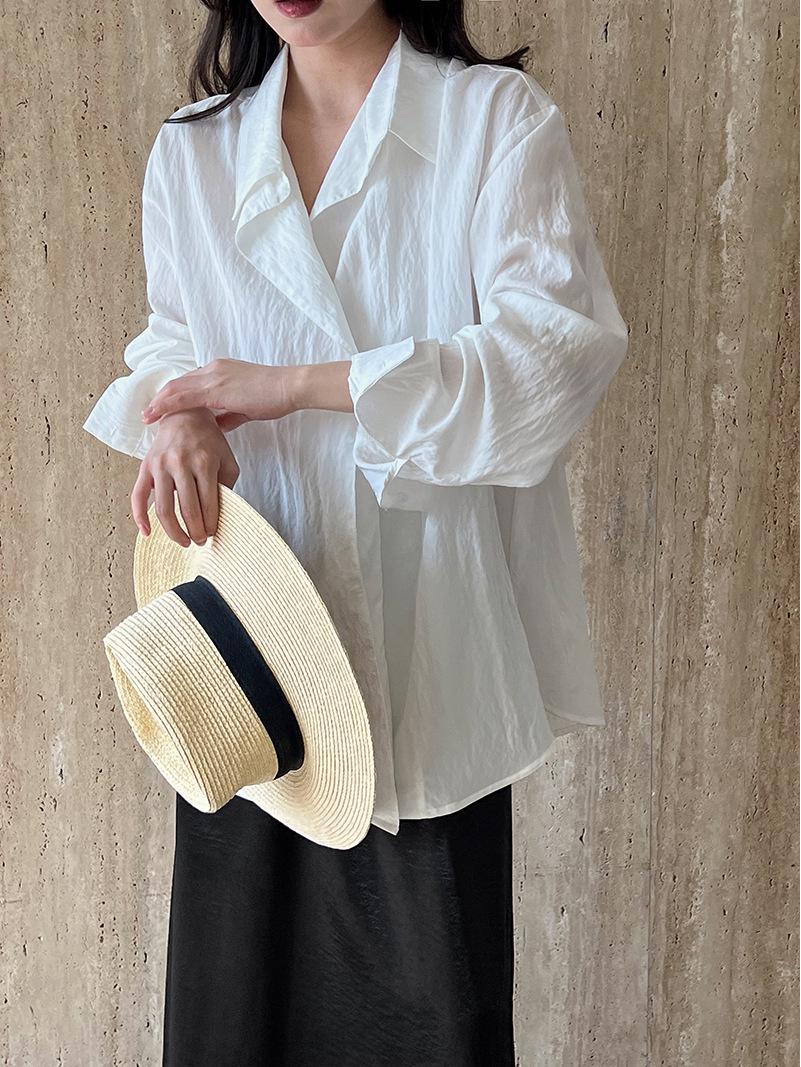 LUXI Women s Elegant Korean Wrinkled Texture Long Sleeve Shirt - Spring 2025 New Arrival M