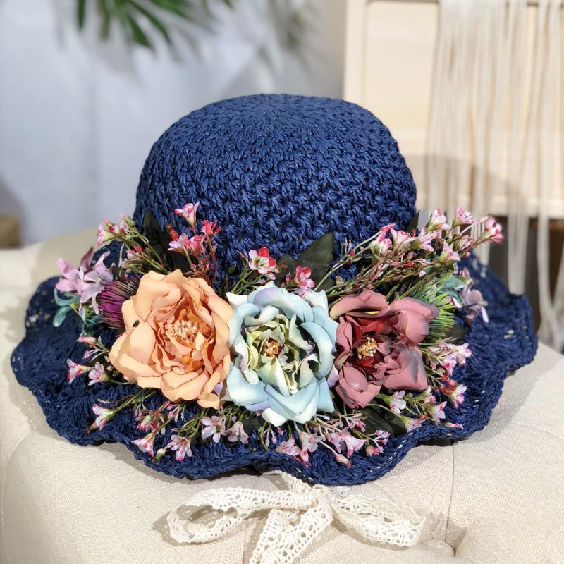 Handwoven Hollow Rose Flower Straw Hat Female Summer Small Fresh Pastoral Lace Strap Big Eaves Beach Hat