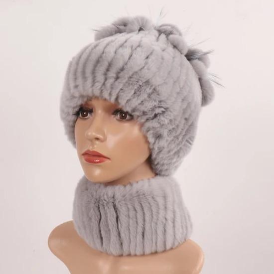 Knitted Women Warm Rex Rabbit Fur Hat Scarf Sets Winter Natural Rex Rabbit Fur Cap Scarves Russia Lady Fur Hats Muffler 2 Pieces