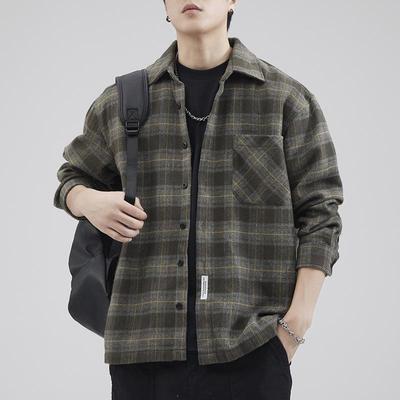 New Japanese Retro Plaid Jacket Loose Casual Men's Long-sleeved Shirt American Style
