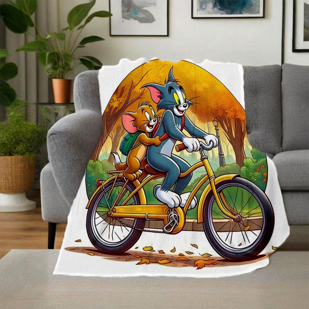 Tom & Jerry Bicycle Adventure PosterBlanket Flannel Throw Blanket for Sofa, Bed, Travel, Camping, Office